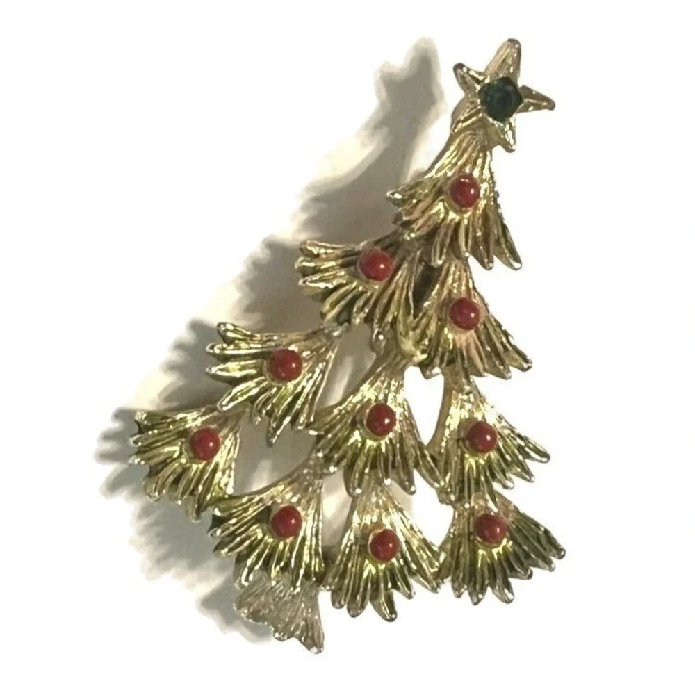 Vintage Gerrys Christmas Tree Brooch Pin Green Rhinestone Star Red Beads‎